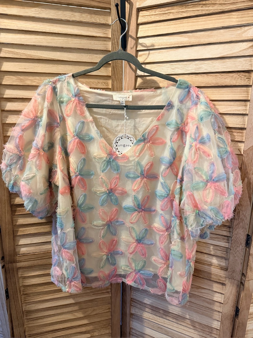 Umgee Cream Sheer Top with Pastel Floral Appliquรฉ